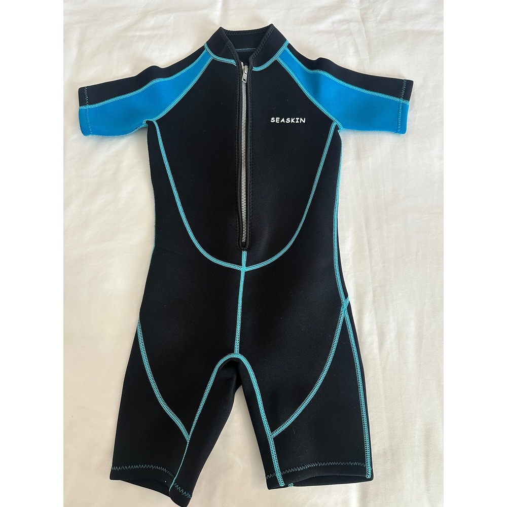 Seaskin Kids Shorty Wetsuit Black Blue Front‎ Zip Neoprene Spring Suit